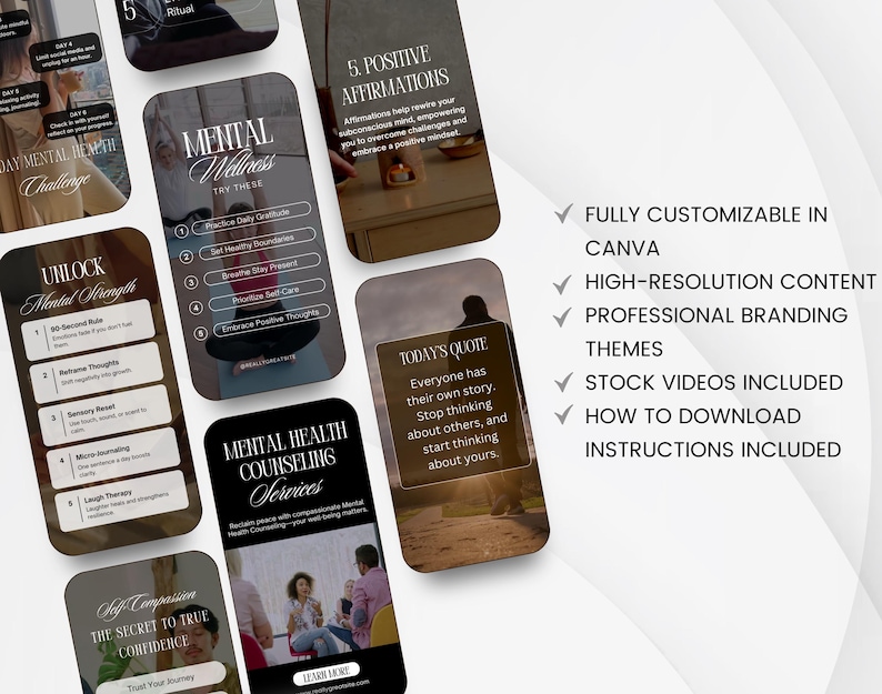 Mental health, Anxiety relief, Stress management, Trauma healing, Wellness coaches phycological therapists Social Media Canva reel templates