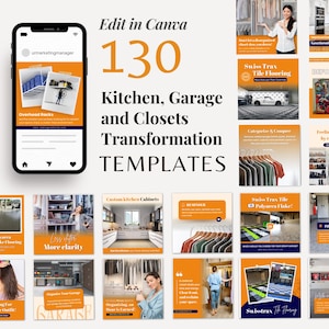 Puede incluir: Un collage de 130 plantillas de redes sociales para transformaciones de cocina, garaje y armarios. Las plantillas presentan fotos de antes y después de espacios organizados, con superposiciones de texto que promocionan soluciones de organización y almacenamiento. Las plantillas están diseñadas para ser utilizadas en plataformas como Instagram y Pinterest.