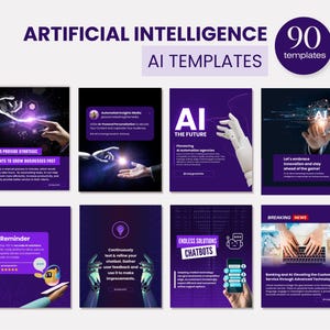 Op de afbeelding: Een verzameling van negen paarse en witte social media sjablonen met illustraties van robots en handen die met technologie interacteren. De tekst op de sjablonen omvat "Kunstmatige intelligentie", "AI-sjablonen", "AI kan strategische inzichten bieden om bedrijven snel te laten groeien", "AI de toekomst", "Eindeloze oplossingen Chatbots", "Herinnering", "Chatbot continu testen en verfijnen", "Laten we innovatie omarmen en voorop blijven lopen", en "Bankieren en AI: Het verbeteren van de klantenservice door middel van geavanceerde technologie".