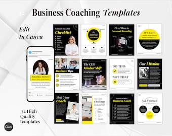 Business Coaching, Entrepreneur, Business Mentor, Digital Marketing, Bold Coaching Black Yellow White social media canva post templates