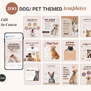 Könnte beinhalten: Eine Sammlung von 200 Vorlagen für digitales Marketing zum Thema Hunde und Haustiere. Das Bild zeigt verschiedene Vorlagen mit Inhalten rund um Haustiere, einschließlich Social-Media-Posts und Infografiken, bearbeitbar in Canva.