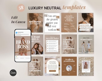 Plantillas estéticas para publicaciones de Instagram elegantes, neutrales y de lujo para administradores de redes sociales, marcas personales, pequeñas empresas, entrenadores y emprendedores.