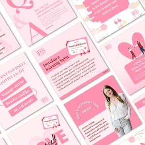 Op de afbeelding: Roze en witte social media graphics met tekst over zelfverbetering, daten en leergewoonten. De graphics bevatten citaten, illustraties en het gezicht van een vrouw.