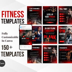 May include: A collection of 150+ customisable fitness templates for Canva. The templates feature red and black colour schemes with motivational text and images of people exercising. The text includes "Fitness Templates", "Fully Customisable in Canva", "150+ Templates", "3 Tips to Maximize Your Gym Results", "Level Up Your Fitness", "Poll Time", "30-Day Plank Challenge", "Fitness & Gym Centre", "Gym Benefits Why Lift Weights?"