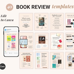 Può includere: Un collage di 40 modelli di recensioni di libri per Canva. I modelli presentano vari temi legati ai libri, tra cui "Leggi in un mese", "Recensione di audiolibri", "Romance Series Spotlight" e "Il mio spazio di lettura ideale".