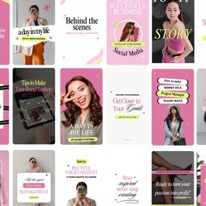 May include: A collection of pink and white social media marketing graphics with text such as "Things I do everyday to grow on Social Media", "A day in my life", and "Grow Your Social Media Account". The graphics feature images of people and text.