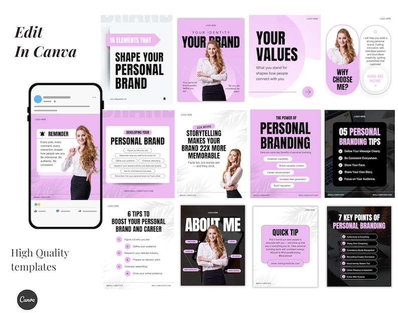 Personal Brand, Branding, Entrepreneur, Social Media manager, Coaching, Influencer, Purple Bold aesthetic social media IG post templates
