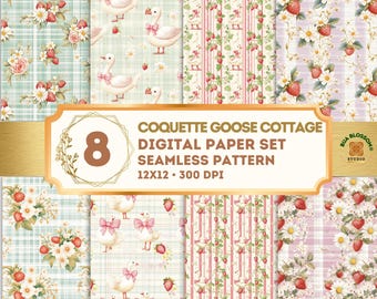 Coquette Goose Digital Paper Pack, Strawberry Cottagecore Seamless Patterns, Pink Bow Nursery Backgrounds, 12x12 Scrapbook Papers