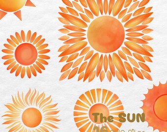 Zestaw clipartów akwarelowych ze słońcem, boho słońce PNG, retro grafika słoneczna, letnie wzory słoneczne, sublimacja PNG
