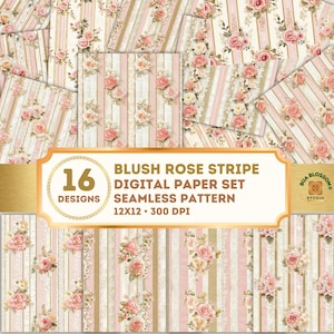 Rose nahtlose digitales Papier, rosa Streifen Streifen Muster Bundle, Cottagecore Scrapbook Papier, Shabby Chic Junk Journal Hintergründe