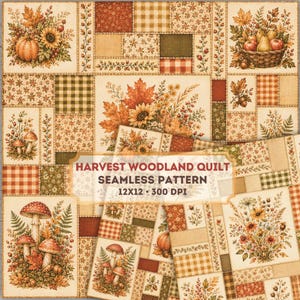 Puede incluir: Un patrón sin costuras con un diseño de patchwork de ilustraciones temáticas de cosecha que incluyen calabazas, girasoles, setas, hojas de otoño y cestas de frutas. El texto dice HARVEST WOODLAND QUILT SEAMLESS PATTERN 12X12 300 DPI.