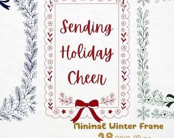 Può includere: Design digitale con un telaio centrale bordeaux con la scritta "Sending Holiday Cheer". Il telaio ha un bordo smerlato e accenti floreali. Sono presenti elementi floreali e fiocchi aggiuntivi.