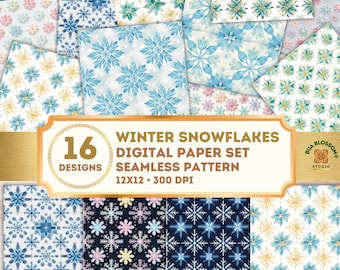 Snowflake Digital Paper, Blue Christmas Seamless Pattern, Watercolor Winter Scrapbook Paper, Teal Holiday Background, 12x12 JPG