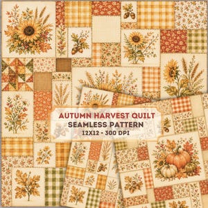 May include: A digital seamless pattern featuring an autumn harvest quilt design with sunflowers, pumpkins, acorns, wheat, and plaid squares in orange, yellow, and green. The text reads AUTUMN HARVEST QUILT SEAMLESS PATTERN 12X12 300 DPI.