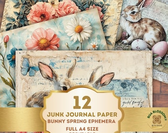 Vintage Bunny Junk Journal Paper, Spring Floral Scrapbook Paper, Printable Ephemera Pages, Easter Bunny Digital Paper Pack A4