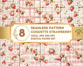 Pink Strawberry Seamless Pattern, Cottagecore Strawberry Digital Paper, Gingham Floral Scrapbook Paper Pack