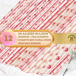 Coquette Bow Floral Stripe Border: Flower Scrapbook Washi Tape (JPG/PDF/PNG Digital Download), Pink Rose, Wildflower Junk Journal, Ephemera