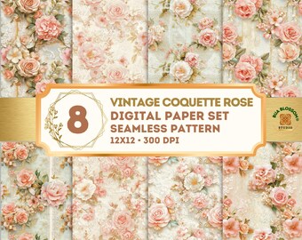 Vintage Blush Rose Seamless Digital Paper Pack, Shabby Chic Floral Scrapbook Paper, Cottagecore Printable Background, Romantic JPG Paper Set