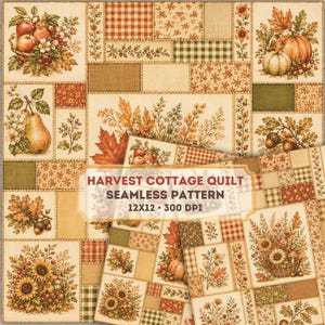 Könnte beinhalten: Ein nahtloses Muster mit einem Patchwork-Design, das Erntemotive wie Kürbisse, Sonnenblumen, Birnen, Eicheln und Herbstblätter in Orange-, Braun- und Grüntönen zeigt. Der Text lautet: HARVEST COTTAGE QUILT SEAMLESS PATTERN 12X12 300 DPI.