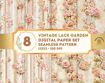Vintage Lace Garden Seamless Digital Paper Bundle, Shabby Chic Floral Scrapbook Paper, Romantic Cottagecore Printable Background Pack