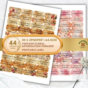 Vintage Floral Label Affirmation Word, Happy Phrases Scrapbook Label, Journal Words, Junk Journal Quotes, Vintage Ephemera Label Crafts