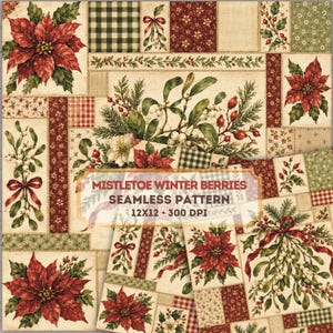 Mistletoe Christmas Digital Paper, Vintage Holiday Seamless Pattern, Patchwork Quilt Scrapbook Paper, Botanical Christmas, 2 JPG