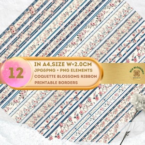 Blue Chinoiserie Floral Borders: Vintage Stripe Washi Tape, Scrapbook, Junk Journal (JPG/PDF/PNG Digital Download), Red Rose, Wildflower