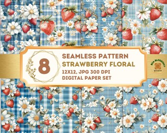 Blue Strawberry Cottagecore Seamless Pattern, Daisy Floral Gingham Digital Paper, Cute Vintage Strawberry Scrapbook Paper Pack