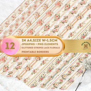 Floral Stripe Border: Pink Rose, Glitter Lace  (PNG/JPG Digital Download), Pastel Stripe Fussy Cut, Scrapbook, Wildflower Junk Journal