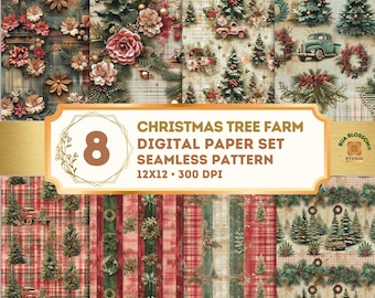 Christmas Tree Farm Digital Paper, Vintage Truck Seamless Pattern, Farmhouse Christmas Scrapbook Paper, Holiday Plaid Background, 12x12 JPG