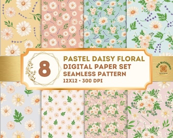 Pastel Daisy Digital Paper, Daisy Floral Seamless Pattern, Cottagecore Scrapbook Paper, Spring Floral Background, Junk Journal Printable