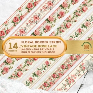 Vintage Rose Lace Border Strips, Rose Floral Borders, Junk Journal Border, PNG Border Elements, Victorian Scrapbook Trim, Printable Ephemera