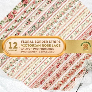 Victorian Rose Lace Border Strips, Vintage Floral Borders, Junk Journal Trim PNG Elements, Printable Scrapbook Border, A4 JPG PNG Download
