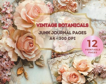 Botanical Floral Junk Journal Pages, Vintage Rose Scrapbook Paper, Cottagecore Printable Paper, Shabby Chic Digital Download, A4 JPG PDF