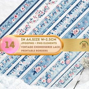 Blue Chinoiserie Floral Borders: Vintage Lace, Scrapbook, Junk Journal (Digital Download), Scrapbooking, Ephemera, Meadow Stripes