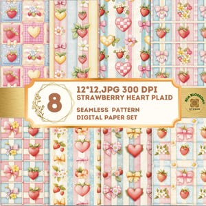 May include: A digital paper set featuring eight unique designs with strawberry, heart, and bow patterns. The designs include plaid, striped, and floral elements in pastel pink, blue, and yellow colors. The text on the image reads "12*12, JPG 300 DPI STRAWBERRY HEART PLAID".