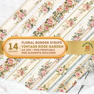 Vintage Rose Garden Border Strips, Pink Rose Borders, Junk Journal Borders, PNG Border Elements, Victorian Floral Scrapbook Trim