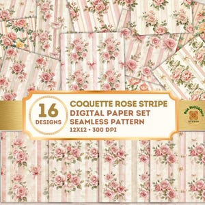 Seamless Pink Rose Stripe Pattern, Shabby Chic Floral Repeat, Cottagecore Rose, Vintage Pink Fabric Design