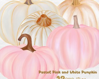 Pastellrosa Kürbis Clipart-Bundle, Aquarell Herbst Kürbis PNG, weißer Kürbis Clip Art, Kokette Herbst Dekor, Sublimationsdesign