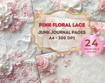 Pink Floral Lace Scrapbook Paper A4, Coquette Printable Paper Pack, Romantic Ephemera Kit, Shabby Chic Journal Pages