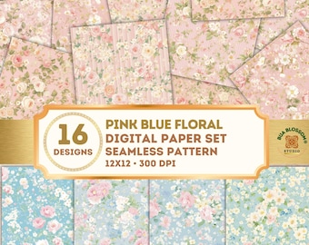 Pastel Floral Digital Paper Seamless Pattern, Pink Blue Floral Paper, Soft Vintage Floral Background, Scrapbook Paper 12x12, Junk Journal