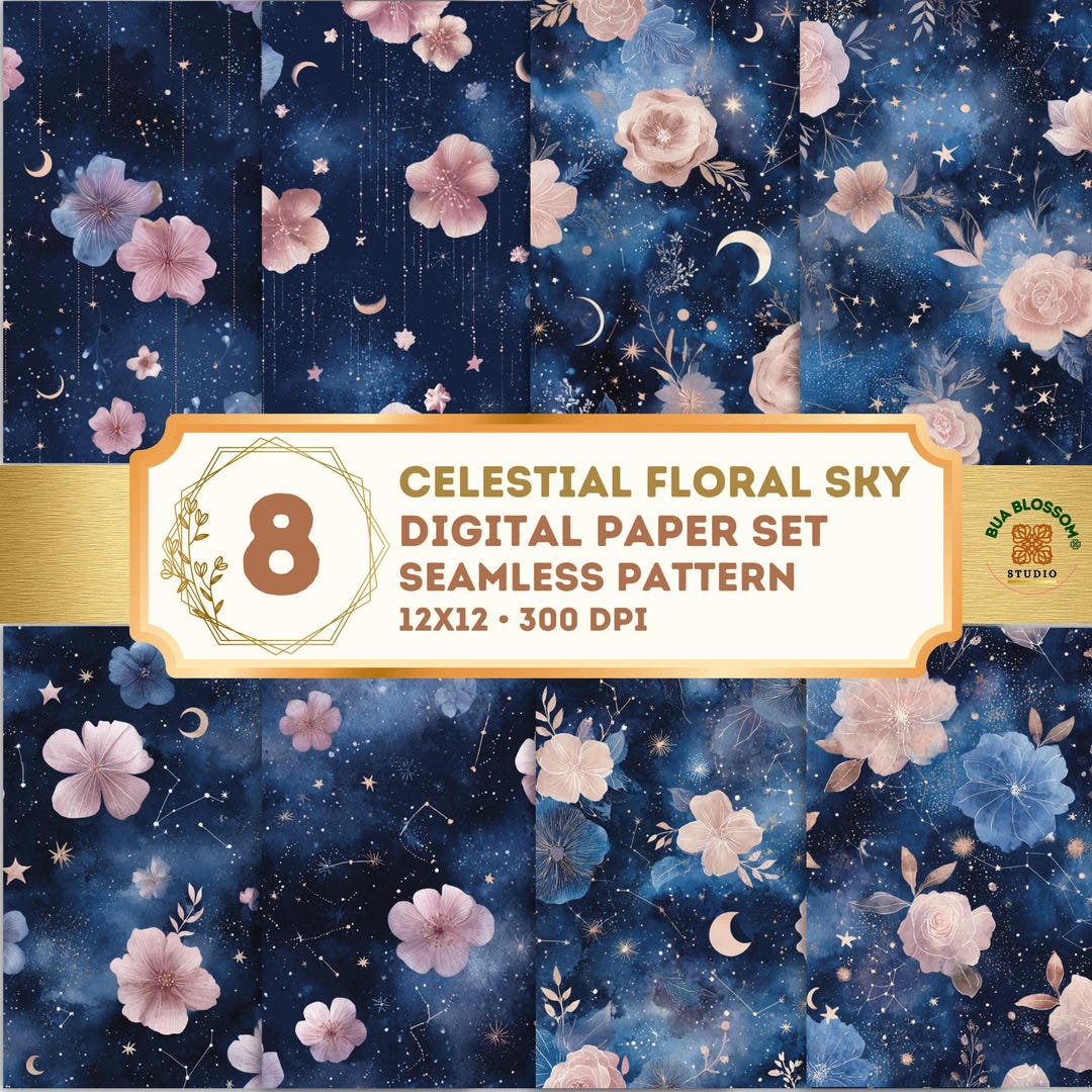 Celestial Floral Night Sky Digital Paper, Moon Stars Galaxy Seamless ...