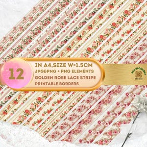 Coquette Bow Floral Stripe Border: Flower Scrapbook Washi Tape (JPG/PDF/PNG Digital Download), Pink Rose, Wildflower Junk Journal, Ephemera
