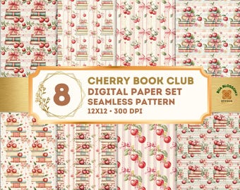 Cherry Book Digital Paper Pack, Cozy Book Club Seamless Patterns, Coquette Scrapbook Paper, 12x12 Cherry Backgrounds