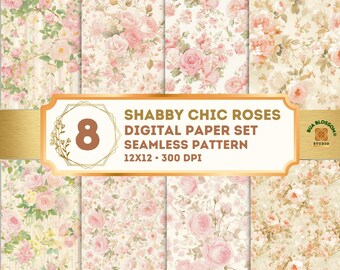 Cottage Rose Digital Paper Pack, Shabby Chic Floral Seamless Patterns, Vintage Pink Rose Scrapbook Paper, 12x12 Digital Download