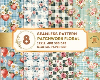 Patrón floral vintage sin costuras, papel digital floral mixto estilo cottagecore, paquete de papel para álbumes de recortes Strawberry Rose.