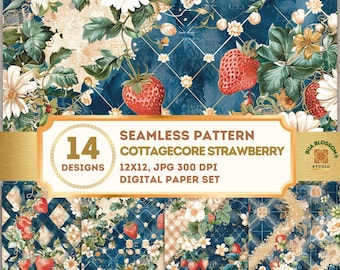 Strawberry Floral Seamless Pattern, Cottagecore Strawberry Digital Paper, Vintage Patchwork Floral Scrapbook Paper Pack