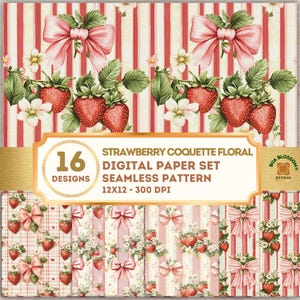 Puede incluir: Un conjunto de papeles digitales con un diseño floral coquette de fresas. El conjunto incluye 16 diseños con patrones sin costuras. Los patrones muestran fresas, lazos y elementos florales sobre un fondo a rayas. El texto de la imagen dice "STRAWBERRY COQUETTE FLORAL DIGITAL PAPER SET SEAMLESS PATTERN 12X12 - 300 DPI."