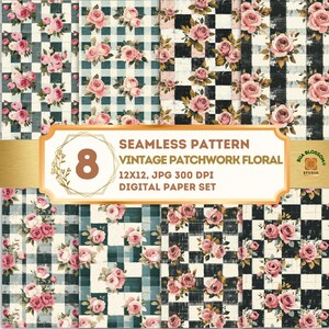 Vintage Rose Patchwork Seamless Pattern, Shabby Chic Floral Digital Paper, Cottagecore Quilt Floral Scrapbook Paper Pack