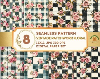 Sömlöst mönster med vintagerosor, digitalt papper med shabby chic-blommor, papperspaket med Cottagecore-quilt och blommigt scrapbookingmönster